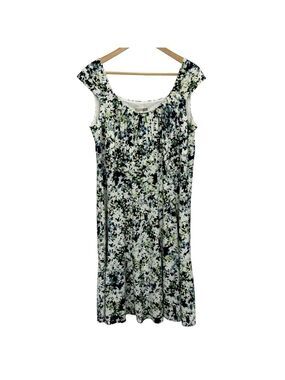 Signature Ella Floral Sundress Sz 16W White Navy Green Cap Sleeve Dress EUC